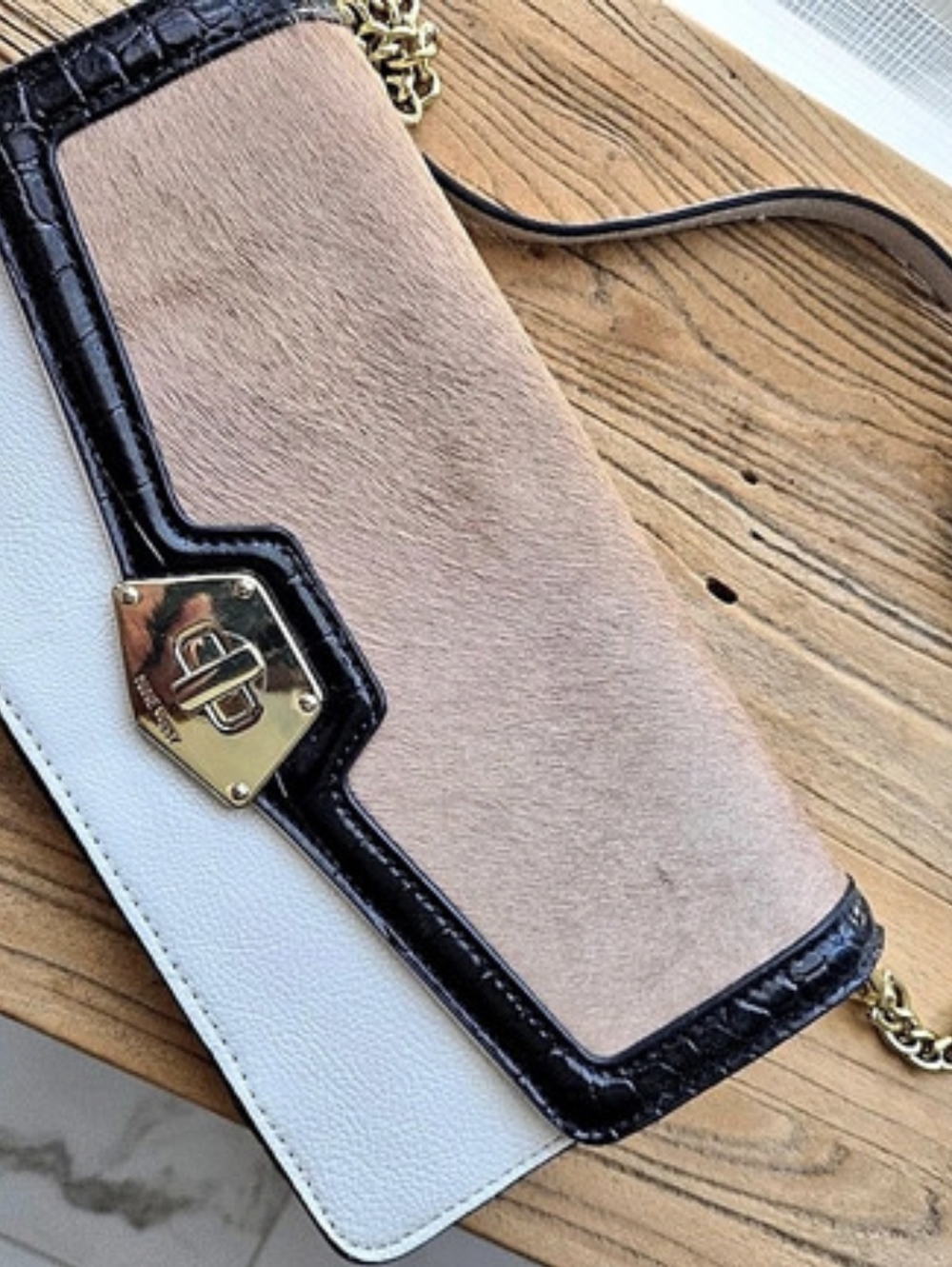 NINE WEST Colorblock Chain Clutch in White With Black Trim And Tan Fur